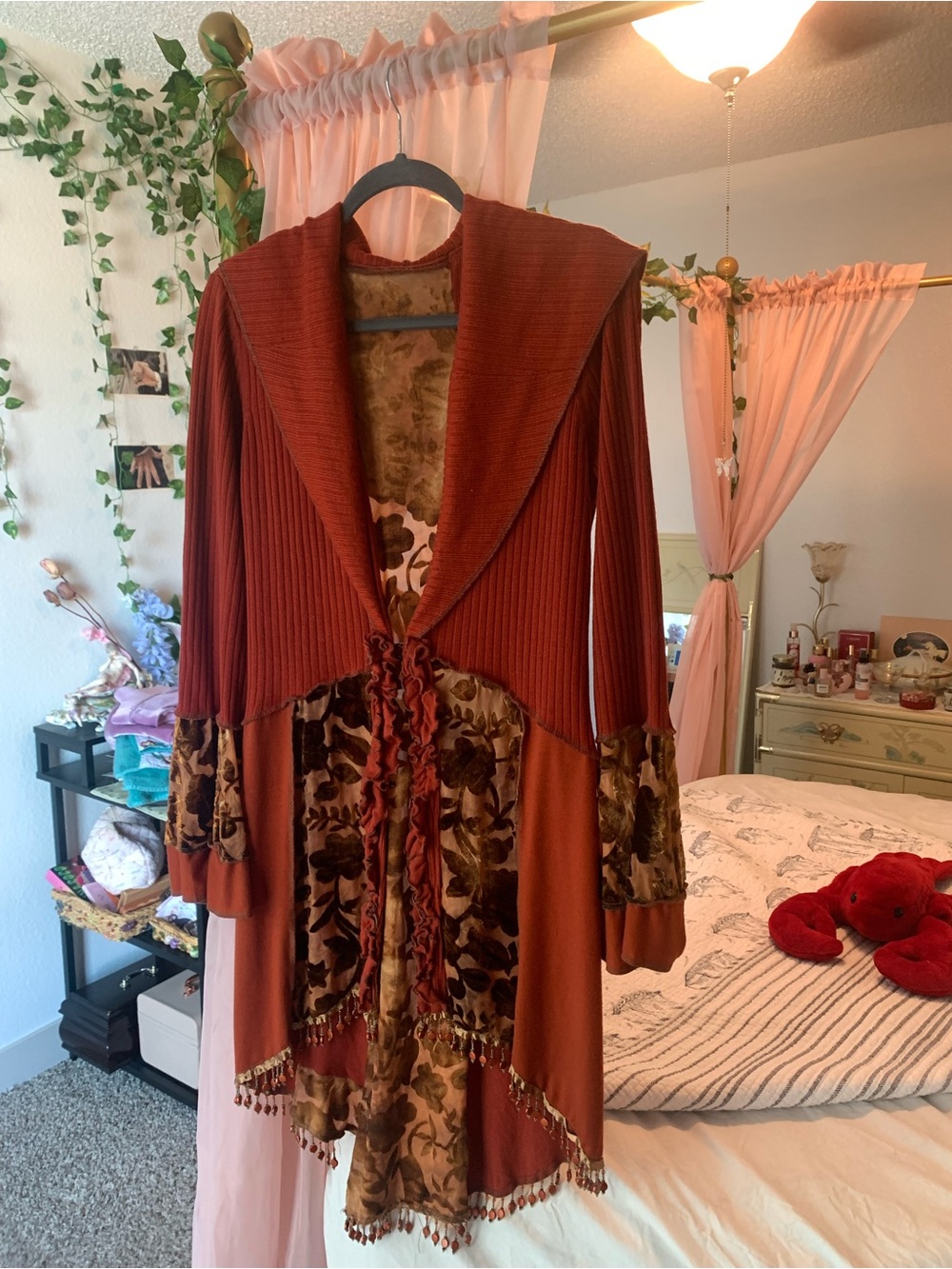 Rust Velvet-Accent Women’s Open Front Sweater Cardigan